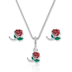 Conjunto Colar Pingente Brinco Flor Rosa Prata Original 925
