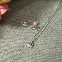 Conjunto Colar Pingente Brinco Flor Rosa Prata Original 925