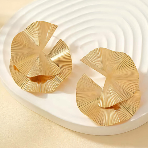 Brinco Dourado Leque Duplo Estilo Orgânico Moderno Listrado - comprar online