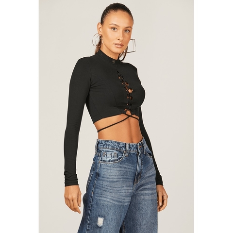 BLUSA GOLA ALTA DECOTE AMARRAÇÃO LISA - PRETA