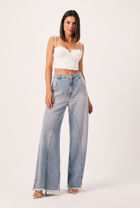 Calça Kate Com Recorte Clara Com Cinto De Pérolas Jeans Feminino Dimy