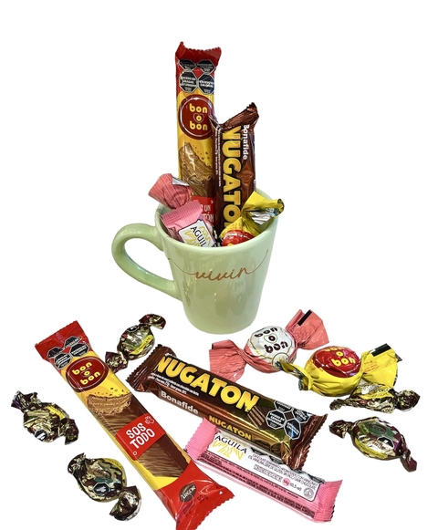 Taza cerámica "Vivir" c/golosinas