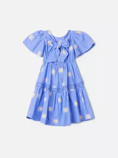 VESTIDO AZUL COM FLORES BORDADAS - Bolhinhas de Sabão