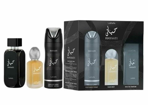 Kit Hayaati Lattafa perfume 100ml + hair mist 50ml + spray corporal 200ml