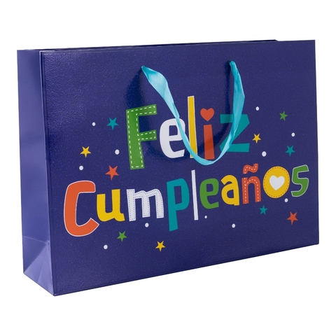 PARTY BOLSA *FELIZ CUMPLEAÑOS* AZUL GLITTER x 1 un. Tamaño: 35cm x 25cm x 9cm