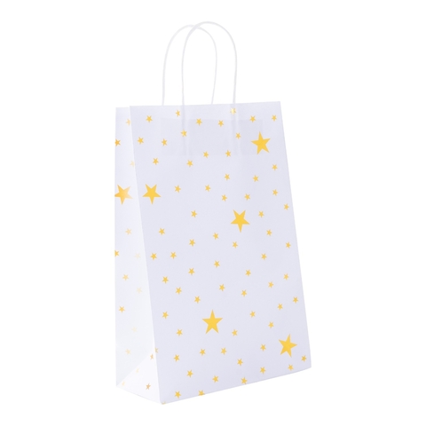 PARTY BOLSA BLANCA C/ ESTRELLAS Y LUNARES DORADOS . Tamaño: 20cm x 30cm x 9cm