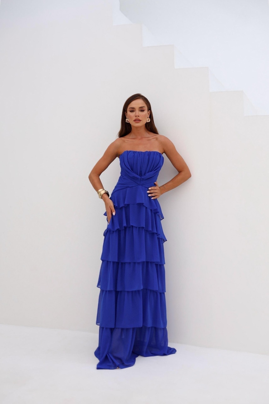 VESTIDO LONGO BABADOS AZUL