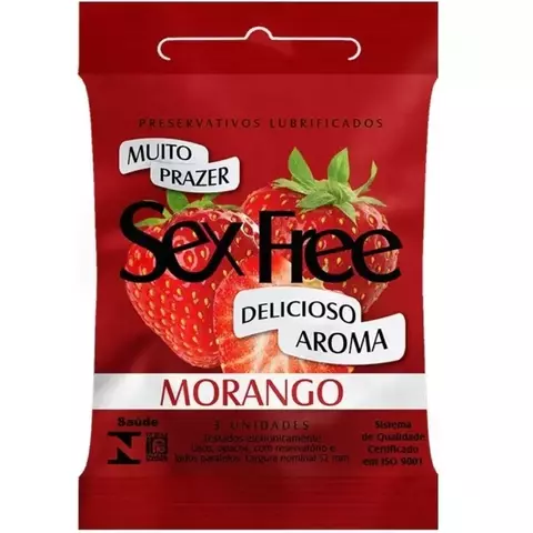 PRESERVATIVO MORANGO LUBRIFICADO COM 3 UNIDADES SEX FREE