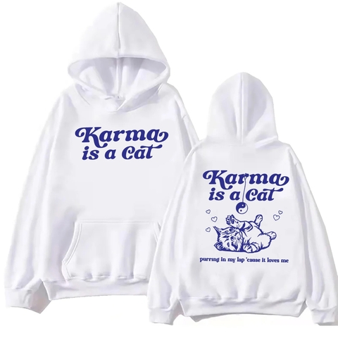 Taylor Swift - Buzo Canguro Unisex- Blanco Karma Is A Cat