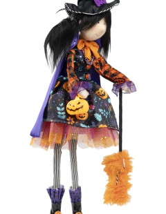 Brujita Halloween 70 cm naranja, morada y azul con escoba - tienda en línea