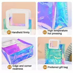 Bolsa de pvc holográfica con manija de cuerina. Precio por unidad en internet