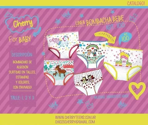 Bombacha de bebe, algodón estampado. Linea Cherry. TALLE 1-2-3.