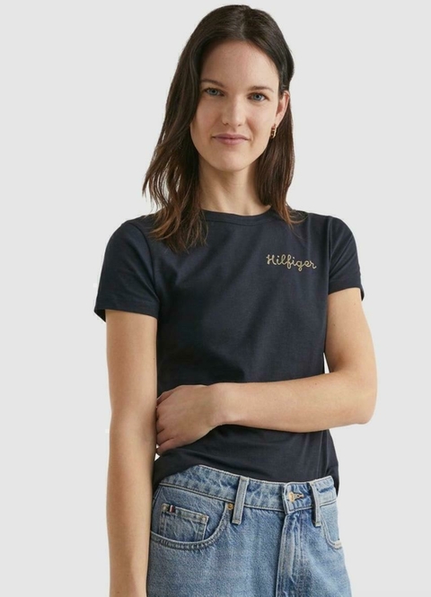 Camiseta Feminina Tommy Hilfiger Preta Logo Bordado- TH4721 - Tamanho PP