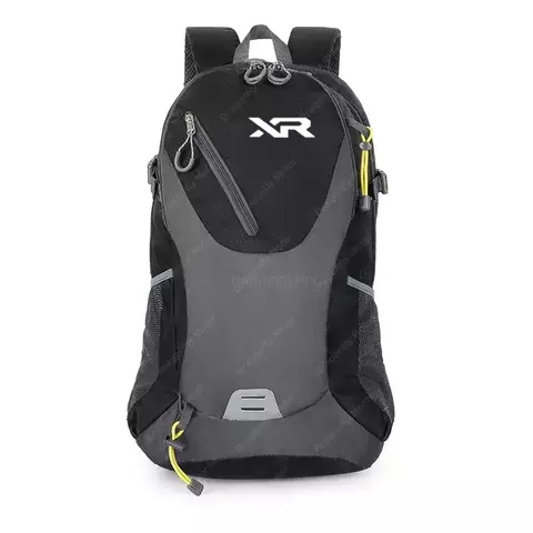 Mochila impermeable negra y gris para motociclistas con logo XR, diseño resistente y compartimentos con cierres