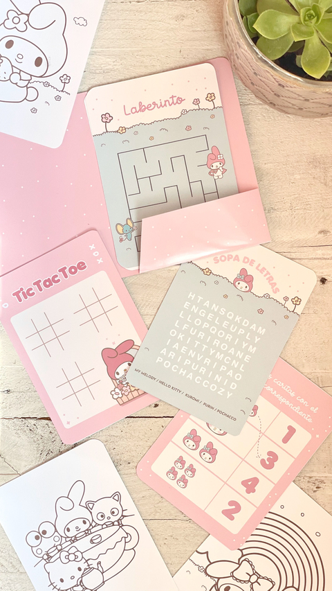 Tarjetas de my melody con sopa de letras, ta te ti y laberinto. Dibujitos kawaii  para colorear de My Melody Kuromi. Fácil de armar, decoración sencilla.