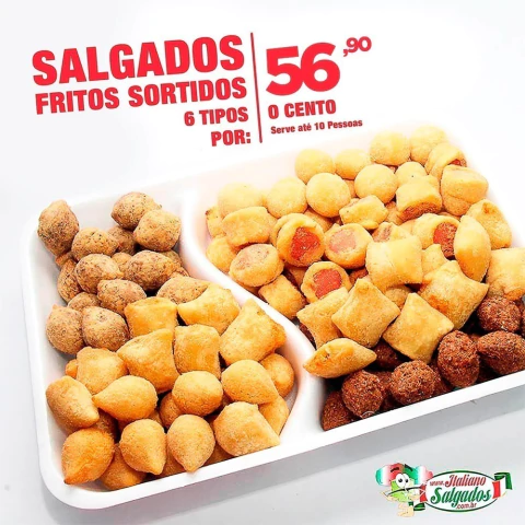O cento (100 unid) de Salgados Variados Tradicionais só Fritos (6 Tipos) Não escolhe - comprar online