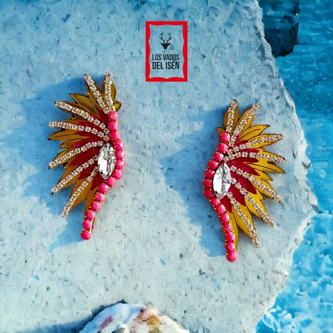 aros Lucy strass oro y fucsia