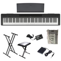 Kit de piano digital Yamaha P145 con teclado, base, silla, adaptador y pedal de sostenido.