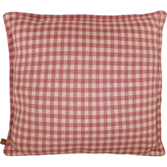 Almofada quadrada de tricô com estampa xadrez vichy nas cores rosa e bege, tamanho 45x45cm, ideal para decoração de ambientes e enxoval de bebê.