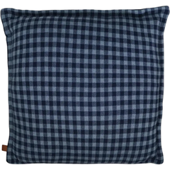 Almofada quadrada de tricô com estampa vichy azul marinho e azul claro, tamanho 45 x 45 cm, ideal para decoração de ambientes e enxoval de bebês.