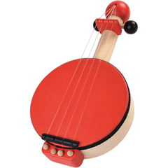 Banjo de brinquedo vermelho da Plan Toys, instrumento musical infantil feito de madeira, ideal para bebês e crianças pequenas.