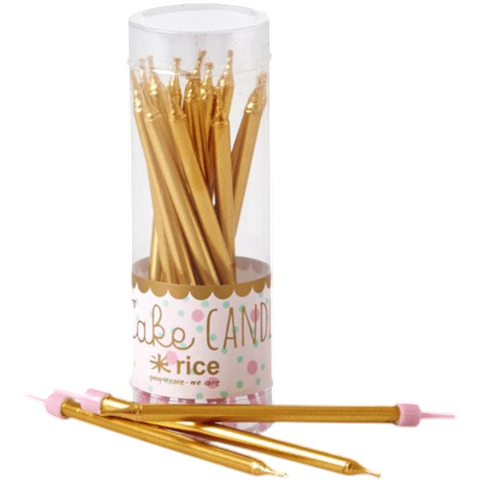 Kit de velas palito douradas Rice Dk em embalagem transparente, ideal para festas e decoração de bolos.