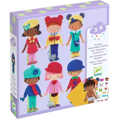 Caixa do brinquedo Colagem Vestir com Feltro da Djeco, mostrando personagens infantis para vestir com roupas de feltro coloridas, indicado para crianças de 3 a 6 anos.