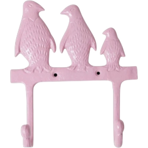 Gancho de parede decorativo em formato de família de pinguins na cor rosa, ideal para organização e decoração de ambientes, da marca Rice Dk.