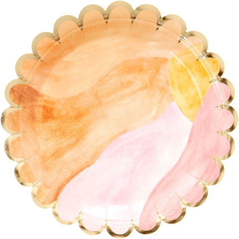 Prato de papel espatulado rosa com borda dourada, design artístico da marca Rice DK, ideal para festas temáticas.