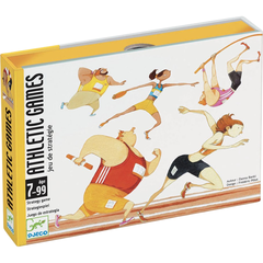 Caixa do jogo de cartas Athletic da Djeco, ilustrada com personagens praticando esportes olímpicos em diferentes modalidades de atletismo.