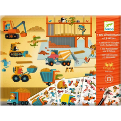 Caixa do kit de decalques Asfalto! da Djeco, ilustrando cenário de construção com veículos e trabalhadores, indicado para crianças de 5 a 8 anos.