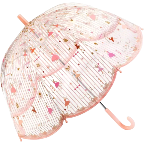 Guarda-chuva infantil transparente com estampa de bailarinas e detalhes em rosa da marca Djeco.