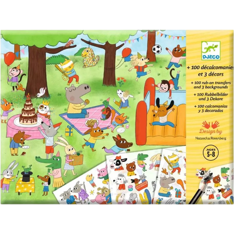 Conjunto de decalques infantis "Hora da festa!" da Djeco, com ilustrações coloridas de animais em uma festa no parque, indicado para crianças de 5 a 8 anos.