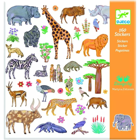 Cartela de adesivos Djeco Quênia com ilustrações de animais africanos e elementos da natureza, ideal para atividades escolares e criativas.