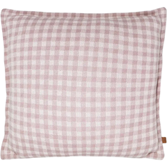 Almofada quadrada de tricô com estampa vichy nas cores rosa claro e branco, tamanho 45x45cm, ideal para decoração de ambientes ou enxoval de bebê.