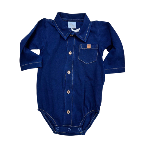 Body Anjos Baby:  cor azul jeans de manga longa com botões frontais e bolso.
