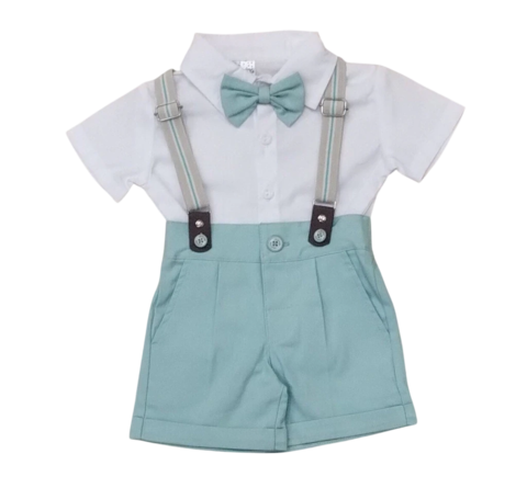 Conjunto infantil Leley 0086 com camisa branca, suspensório e calça curta na cor verde água.