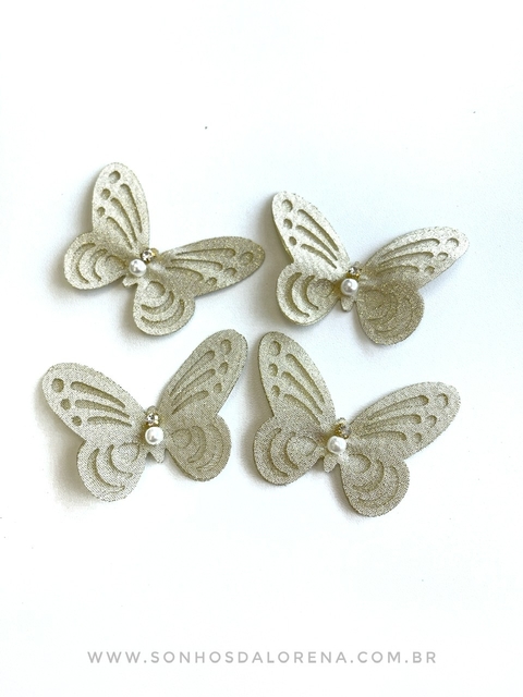BORBOLETA VAZADA 3CM EM LUREX DOURADA COM PEROLA E STRASS UNIDADE