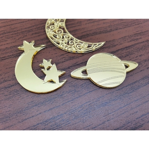 Apliques Lua e Planeta em Acrilico Espelhado - 4cm