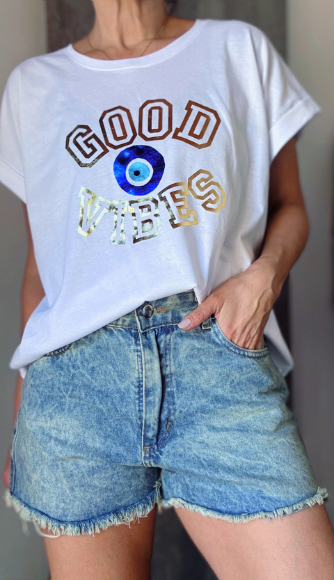 Remera Manga china Good vibes foil