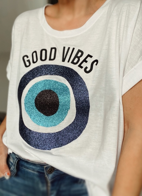 Remera oversize white glitter good Vibes