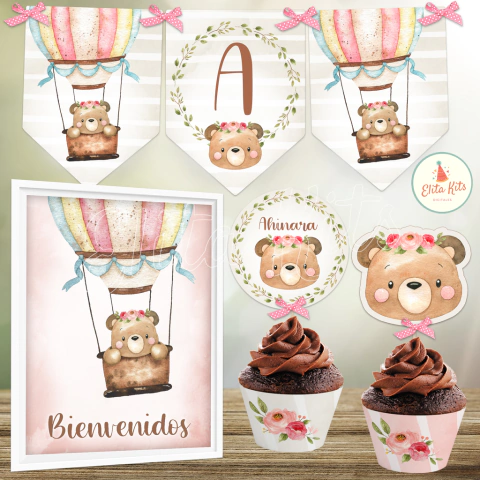 Kit imprimible osita nena acuarelas, globo aerostático