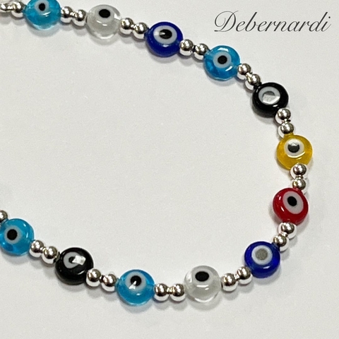 PULSERA ITALIANA CON CRISTALES VENECIANOS Y BOLITAS DE PLATA OJO TURCO K1287