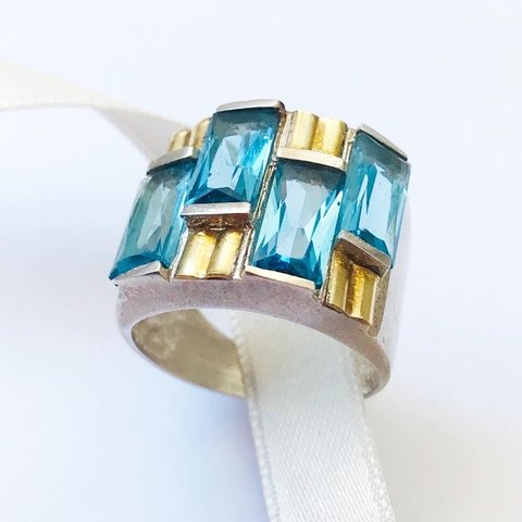 ANILLO PLATA Y ORO CON 4 AGUAMARINAS RECTANGULARES BAGUETTE 9473 - comprar online