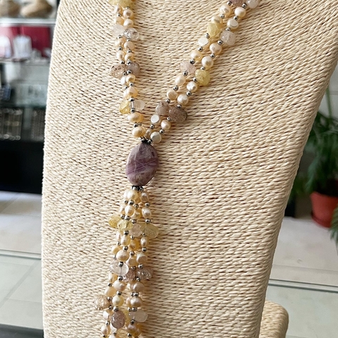 COLLAR DOBLE EN PERLAS DE RIO, CUARZO AMATISTA J4801
