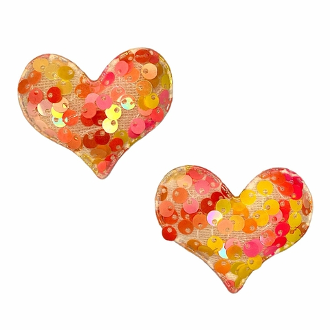 APLIQUE CORAÇÃO ACOLCHOADO COM PAETÊ (3 unidades) - NEON FUNDO ROSA