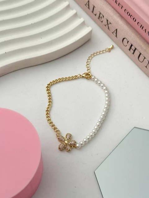 PULSERA FLOWER PINK (ACERO DORADO)