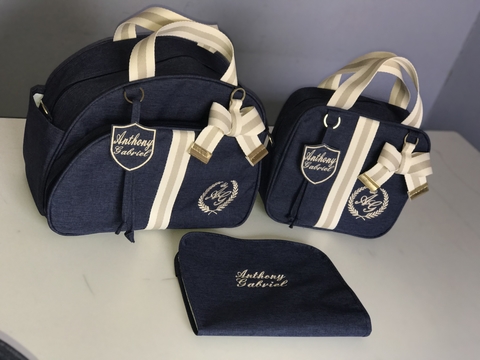 Kit maternidade personalizado linho azul escuro com alças creme