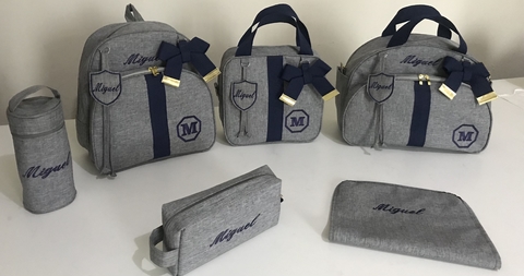 Kit maternidade personalizado linho cinza alça azul marinho6 peças