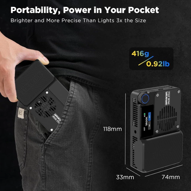 Led Portátil Amaran ACE 25X Charcoal ( 32W / Bicolor / FX / APP CONTROL / 4500mAh / CRI 95 | TLCI 95 | SSI (D56) 73) - comprar online